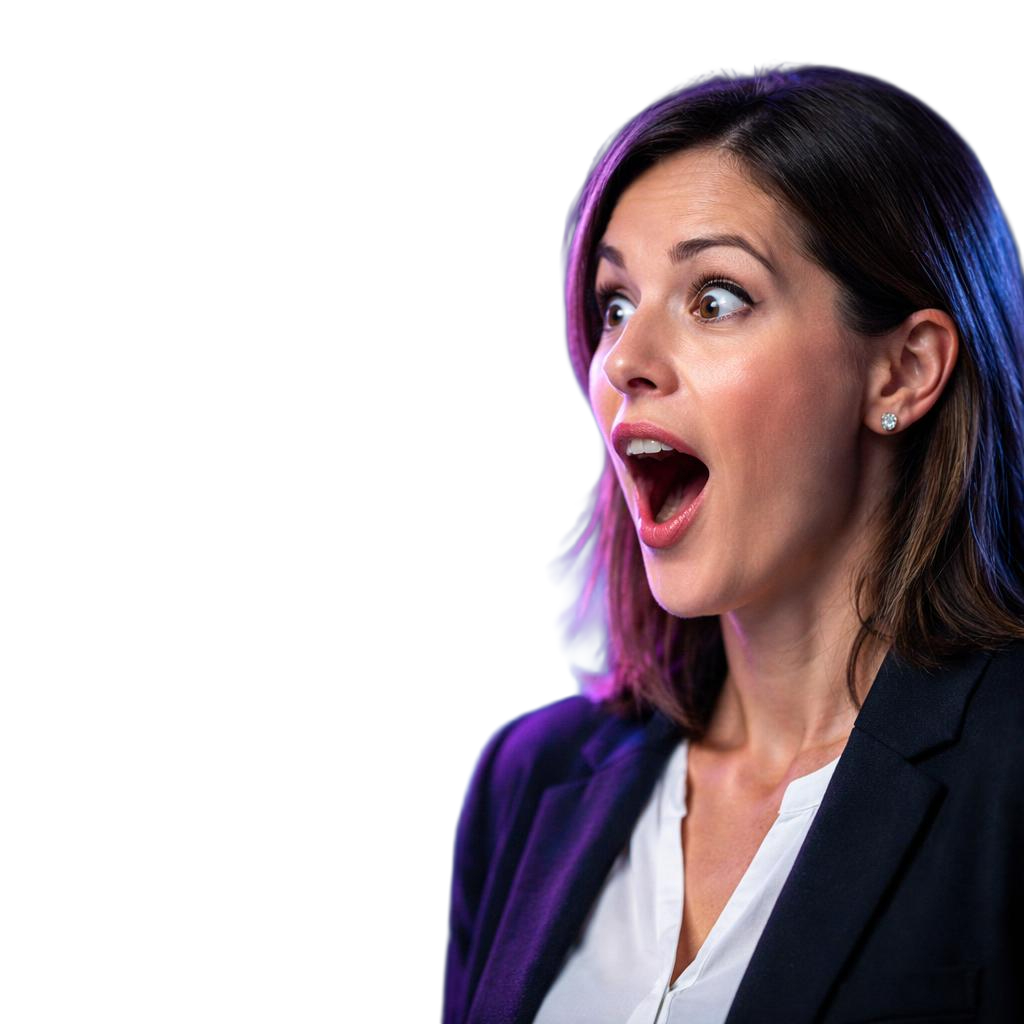 Professional woman with shocked expression seeing SEO results